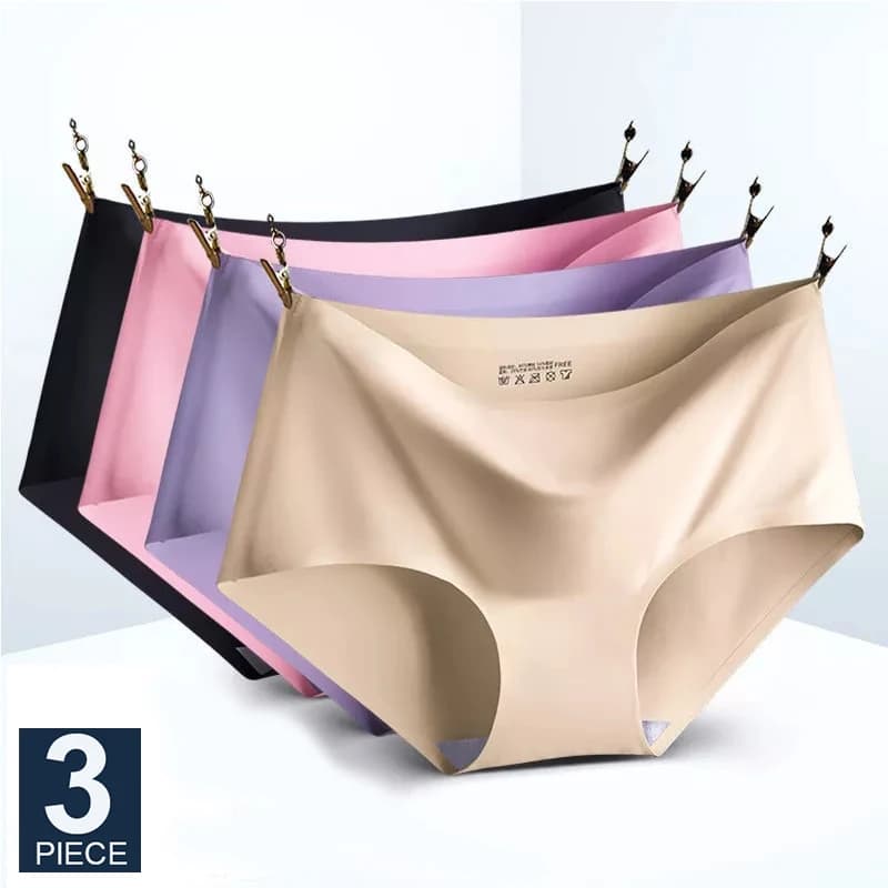 FINETOO 3Pcs Set Seamless Underwear Silk Women Plain Color Panties Lady Girls Briefs Smooth Panty