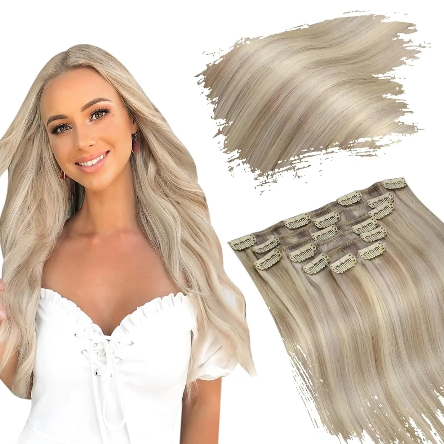 Ugeat Clip in Hair Extensions Human Hair 12-24" Double Weft Remy Hair Full Head Bayalage Highlight Clip in Extensions for Woman
