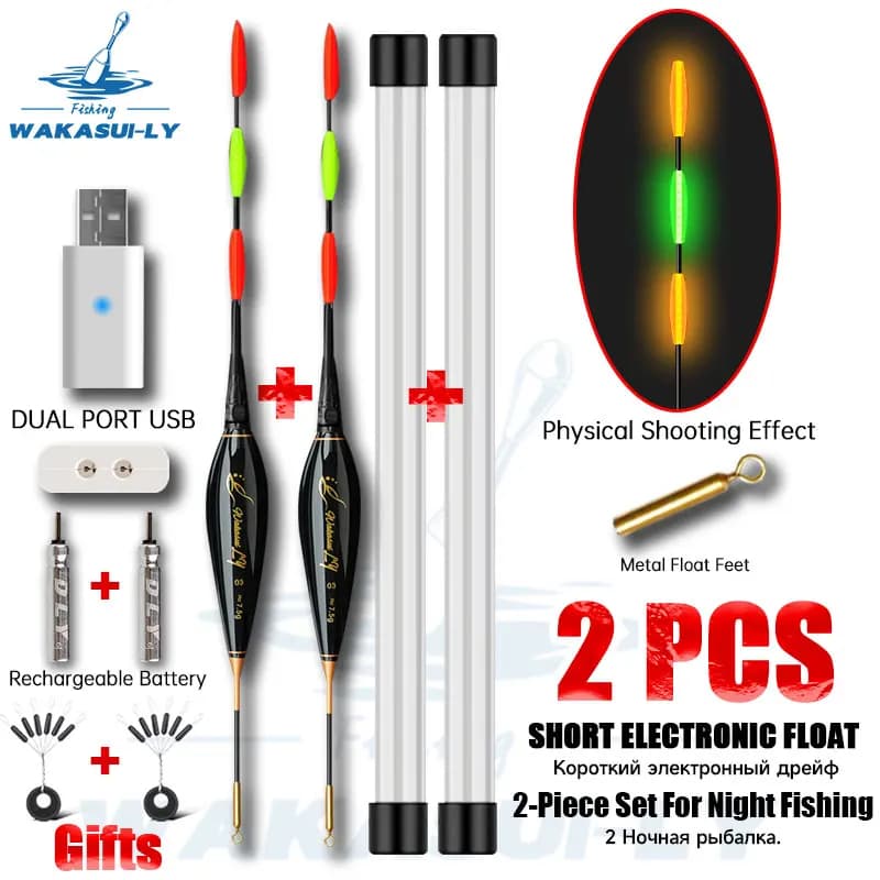 WAKASUILY New 2-Piece Set Night Fishing Float Short Eye-Catching Rock Fishing Float With Dual Hole Charger/Rechargeable Battery