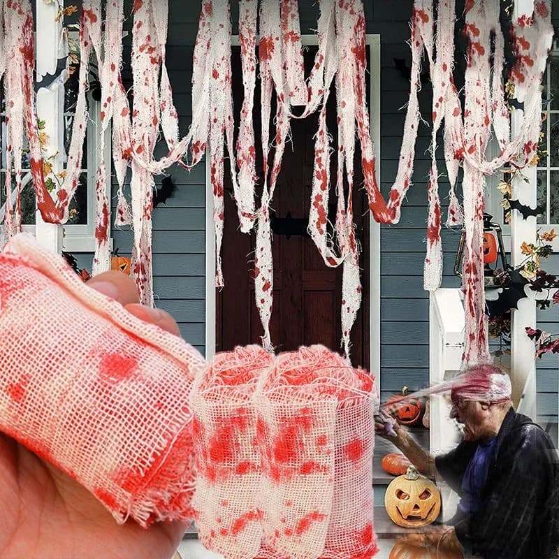 25/3m Halloween Strisce di stoffa insanguinata Garza del sangue Benda Casa stregata Avvertimento Cintura isolante Casa Horror Party Scena Decor Puntelli