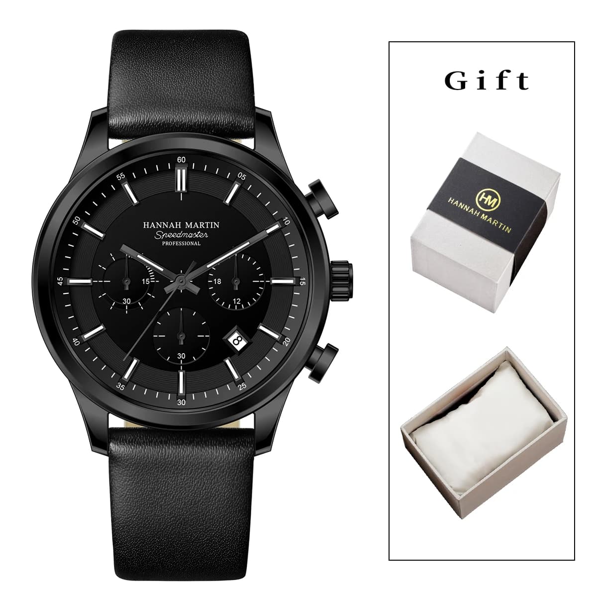 Hannah Martin Confezione regalo da uomo Orologio da uomo in pelle nera 41mm Orologio da lavoro multifunzionale con cronometraggio Movimento al quarzo Orologi sportivi da uomo