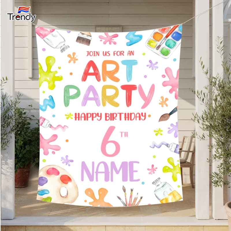 Birthday Party Decoration Backdrop Custom Name Art Paint Party Happy Birthday Backdrop Personalized Kids Themed Photography 6th
