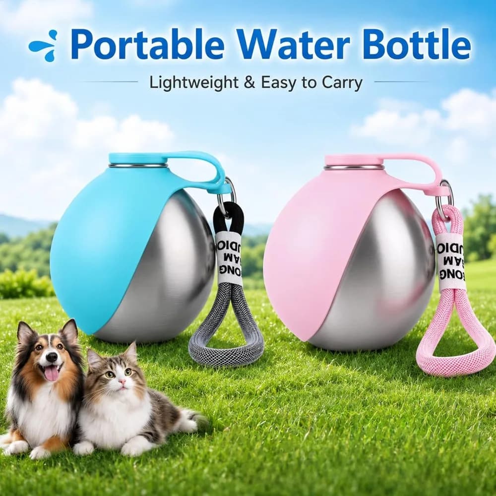 Portable Dog Water Bottle, Stainless Steel Travel Pet Water Dispenser Silicone Foldable Bowl Leak Proof Small Dog Water Bottle