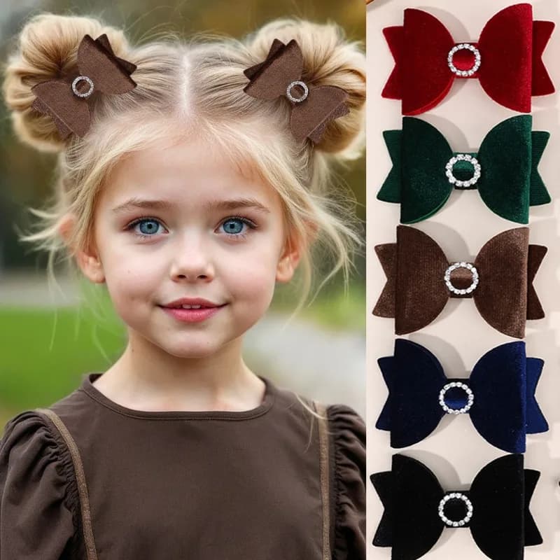 2Pcs Girls' Velvet Bow Hair Clip with Diamond Inlaid Circular Ring Side Clip, Cute Children's Double Ponytail Headband Hair Clip