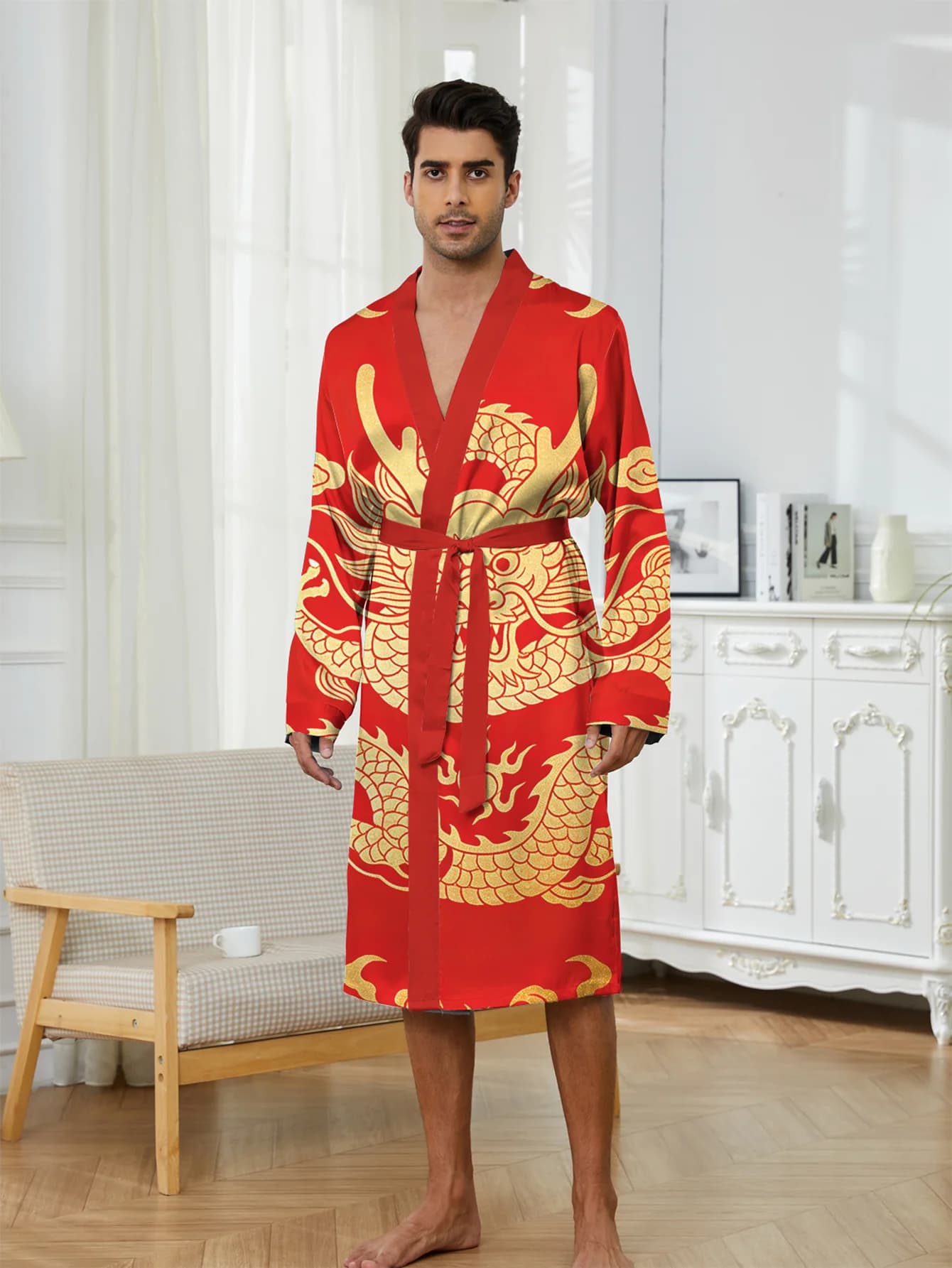Fashionable men's bathrobe, for spring and autumn, fast drying, with digital print, casual, comfortable, long, for shower and pajamas.