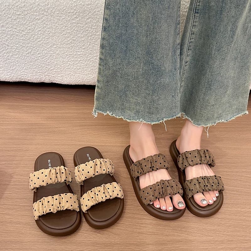 Ciabatte vintage estive da donna a punta aperta con pois, slip-on semplici con suola morbida, scarpe basse da donna per passeggiate quotidiane all'aperto e in spiaggia