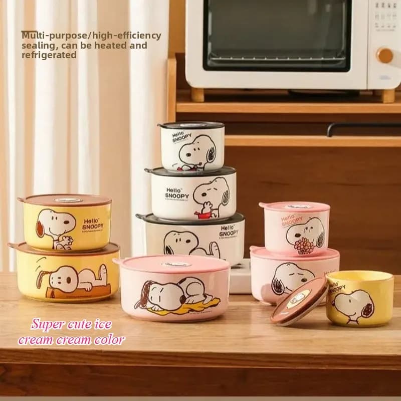 Snoopy cartoon simpatico contenitore per il pranzo con coperchio in ceramica creativo per uso domestico portatile sigillato contenitore per il pranzo per microonde set regalo