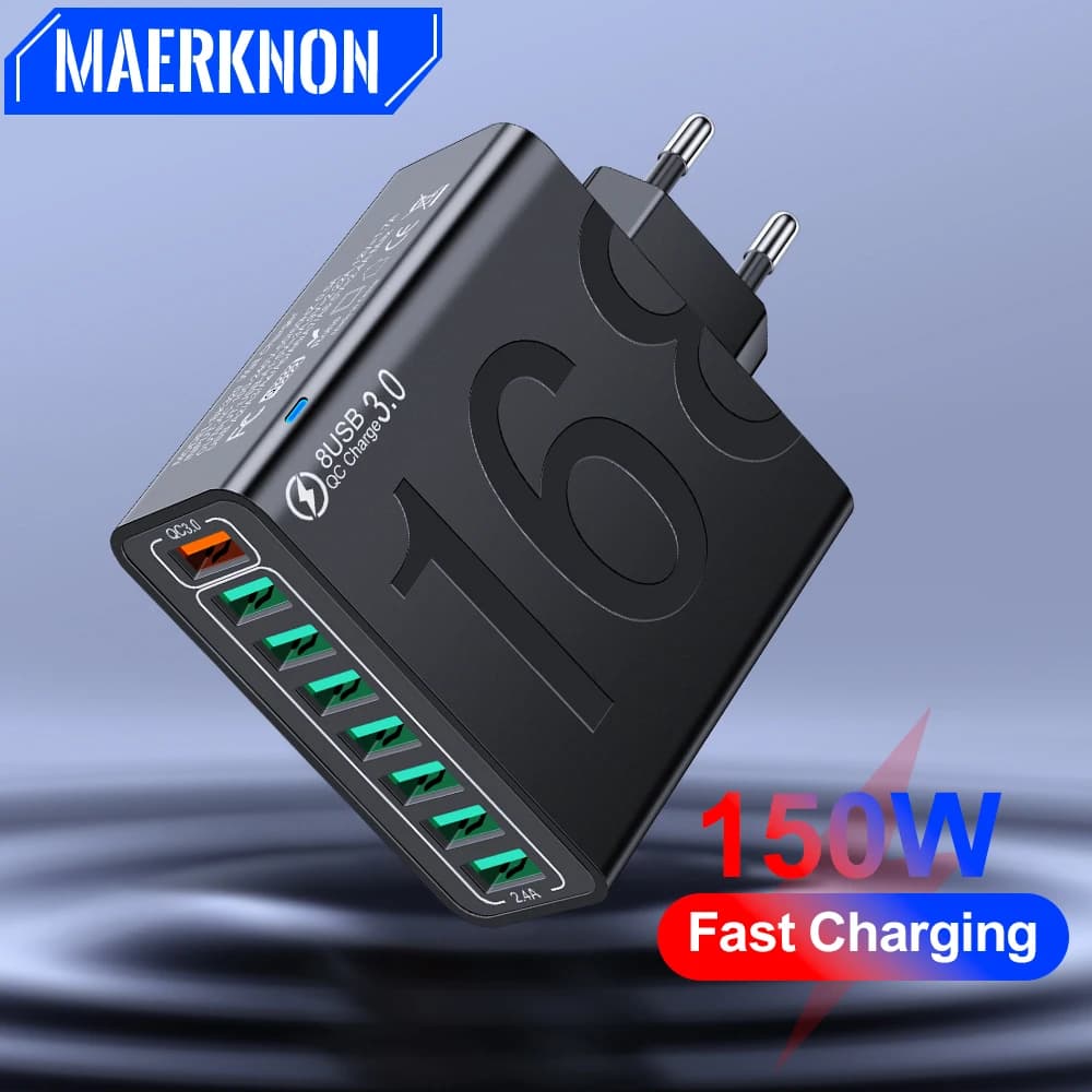 Caricabatterie totale USB 150W 8 porte Quick Charge 3.0 adattatore per caricabatterie da parete a ricarica rapida per iPhone 15 14 Samsung Xiaomi