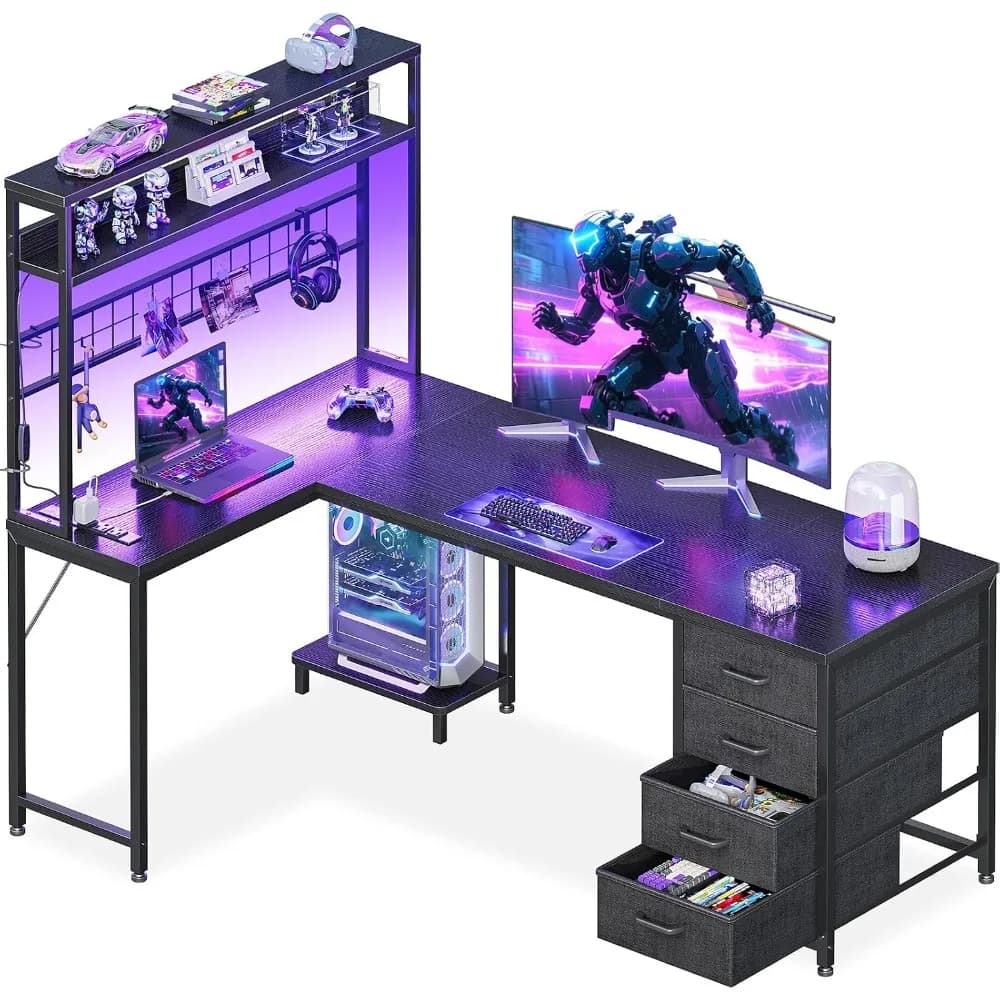 AODK 59" L Shaped Gaming Desk with Hutch, 4 Drawers, LED Lights, Black | Power Outlets, USB Ports, Grid Pegboard, Hutch Shelves, Reversible Layout for Bedrooms, Dorms, Study Rooms and Gaming Areas