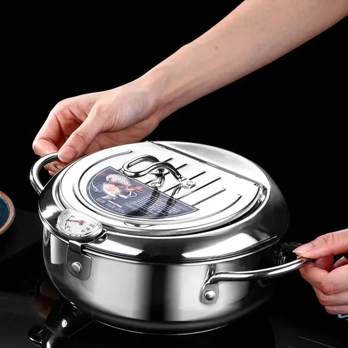 A56K Padella per Tempura Giapponese con Termometro e Coperchio, Pentola per Frittura Profonda in Acciaio Inox 304 per Cucina