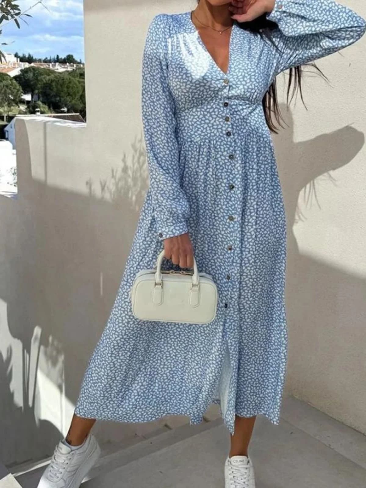 Abito Midi da Donna con Stampa Floreale e Maniche Lunghe, Stile Streetwear, con Cintura in Vita