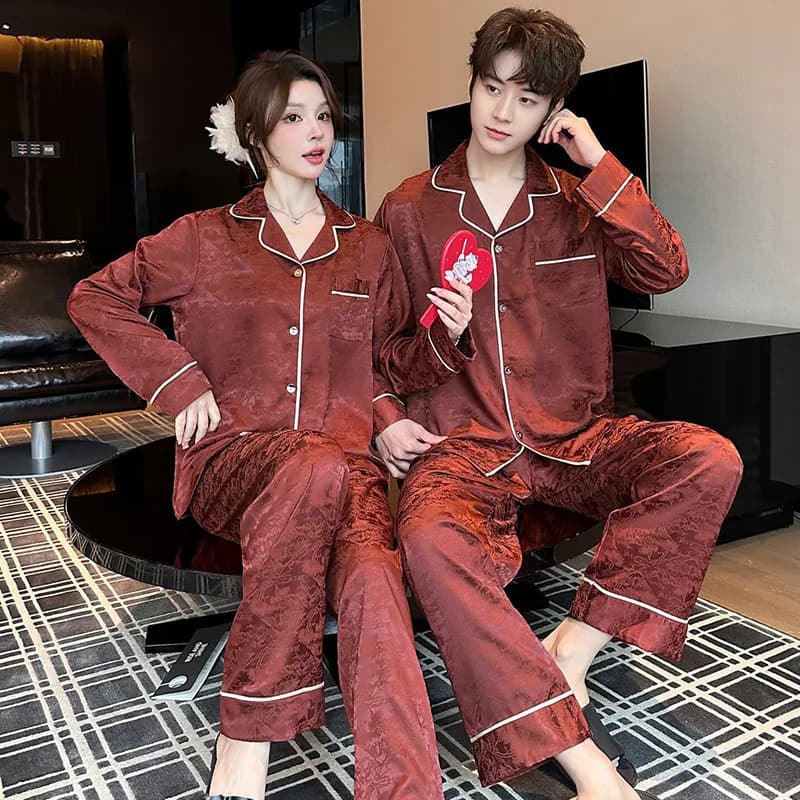Indumenti da notte Pigiama in raso jacquard di seta ghiacciata Coppia Camicia a maniche lunghe Pantaloni Pigiama Completo Pijama Donna Uomo Pigiama