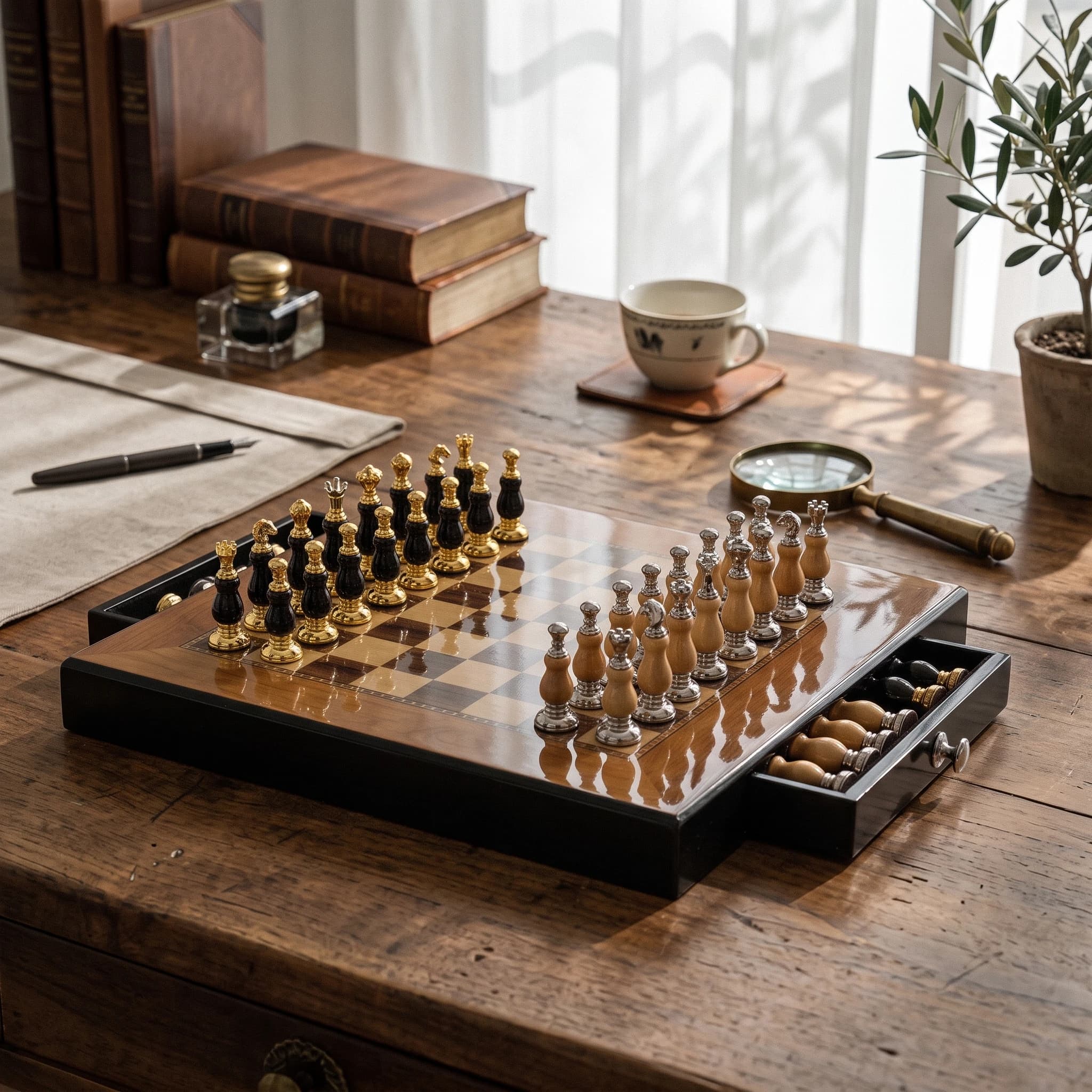 Chess Set with Drawers Shiny Chess Board with Drawers Chessboard Premium Strategy Game Classic for Collectors, Study