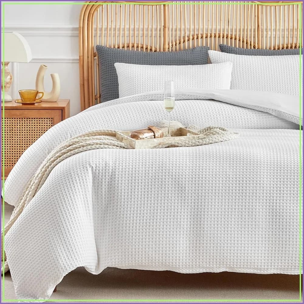 Waffle Weave Duvet Cover King Size, White Textured Bedding Set, Soft Breathable Microfiber 3 Pieces