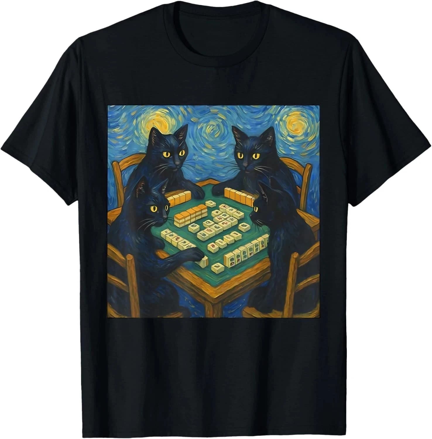 Maglietta unisex con stampa di Van Gogh Starry Night Cat che gioca a Mahjong, gioco di tessere cinesi