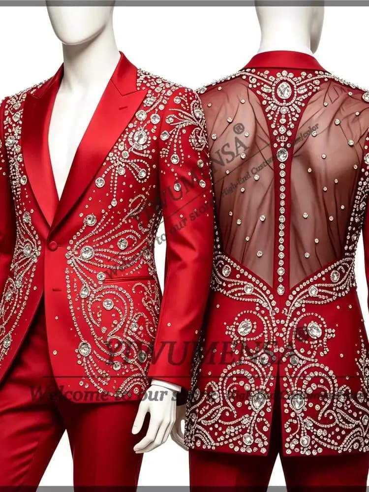 Luxury Wedding Suits For Man Single Breasted Jacket Pants 2 Pieces Sets Customized Beaded Crystals Illusion Tulle Prom Blazers