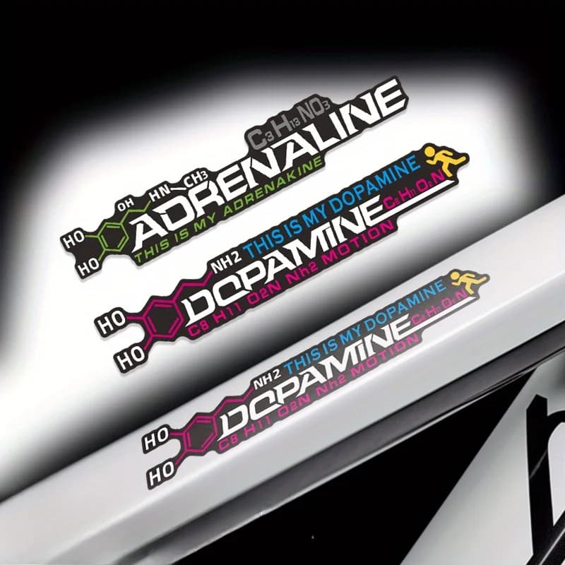 Adesivi in vinile impermeabili con molecole di adrenalina e dopamina per auto, moto, casco, laptop, bici, decorazioni
