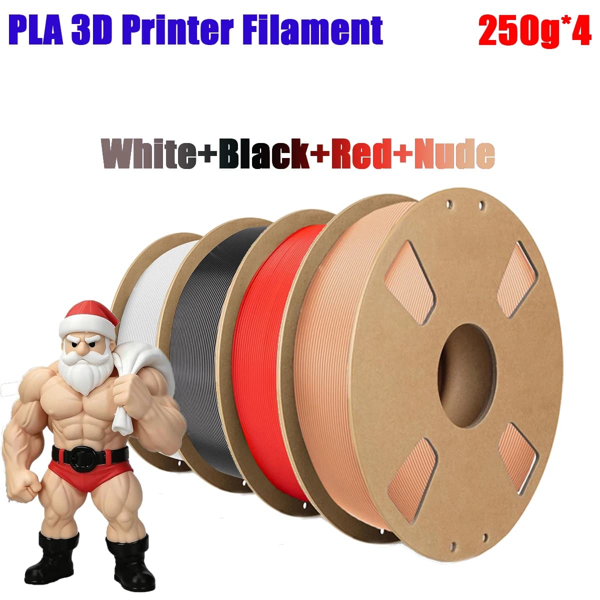 Filamento PLA per stampa 3D, bobina da 200g/250g/500g/1000g, 1,75mm±0,03mm, 4 colori: nero/bianco/beige/rosso