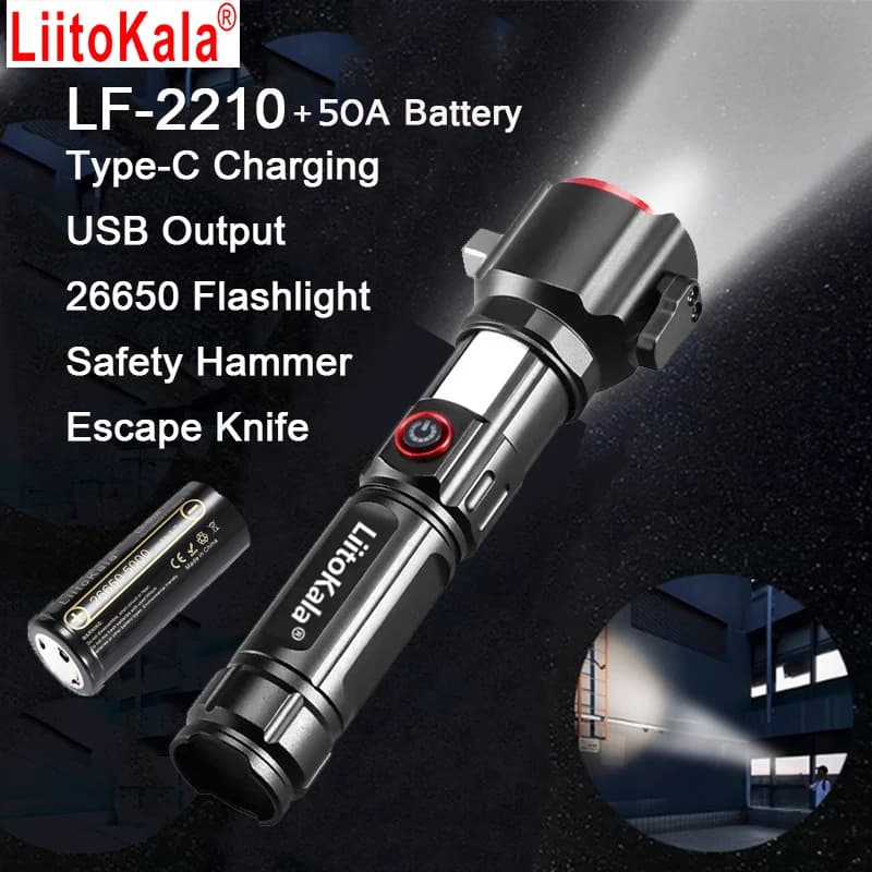 LiitoKala LF-2210 26650 Torcia portatile a luce forte per uso domestico ed esterno Batteria ricaricabile da 50 A