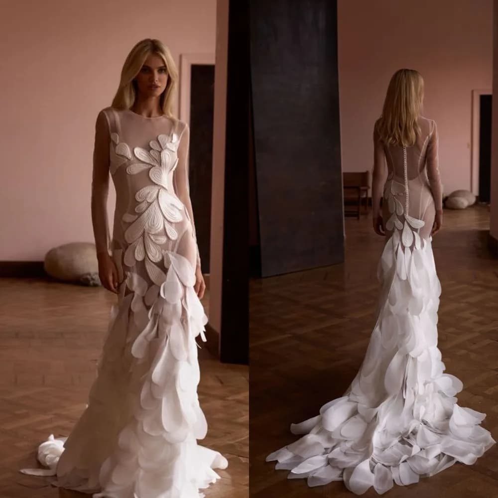 Abito da ballo elegante e sexy con applicazioni in pizzo 3D, abito da sposa in tulle con strascico, Vestido De Noiva, taglie forti personalizzabili