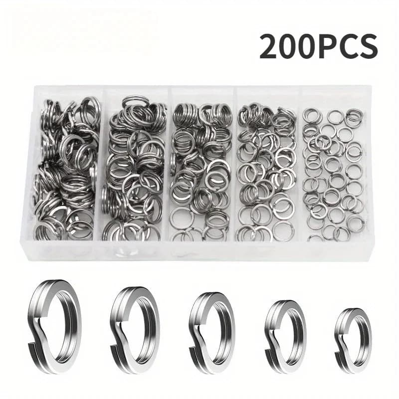 200Pcs Mixed Size Split Rings Fishing Kit, Stainless Steel Double Loop Lure Connector Rings Assortment Box Lures Hooks Tackle