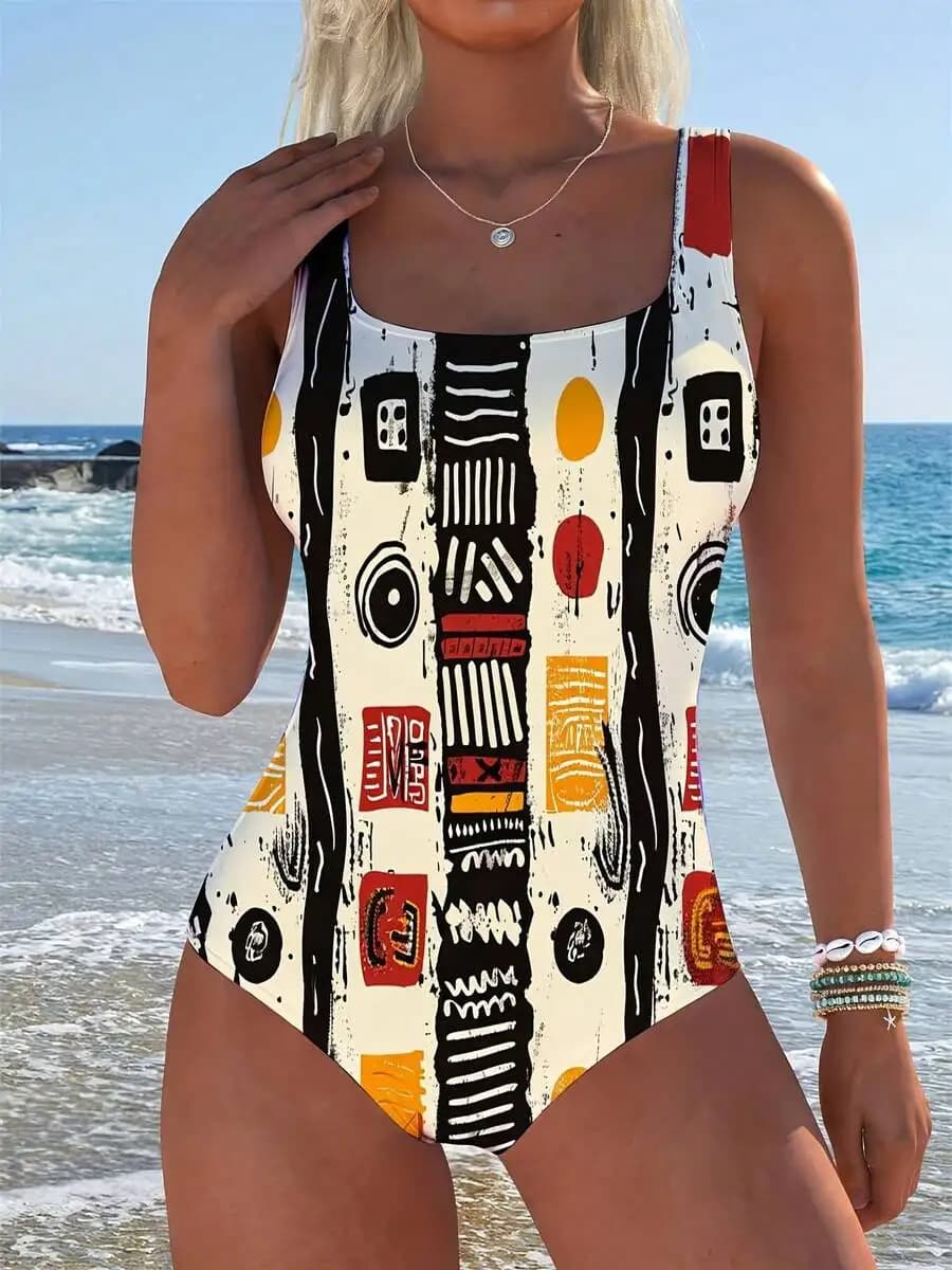 Costume da bagno intero da donna con reggiseno imbottito, stampa geometrica, bianco, nero, rosso, giallo, per il tempo libero in spiaggia