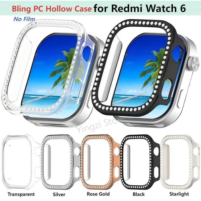 Cover protettiva Bling PC Hollow per Redmi Watch 6, custodia protettiva con diamanti e cristalli per Smartwatch Redmi Watch6, accessorio