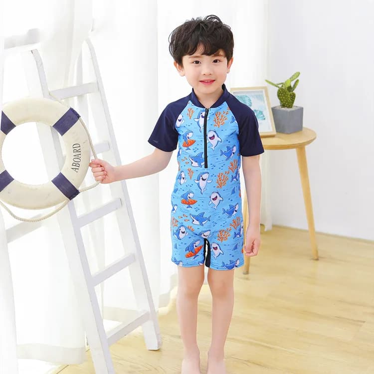 Cartoon Kids One Piece Swimsuit Boys Toddler Baby Swimwear Short Sleeve Quick Dry Summer Beach