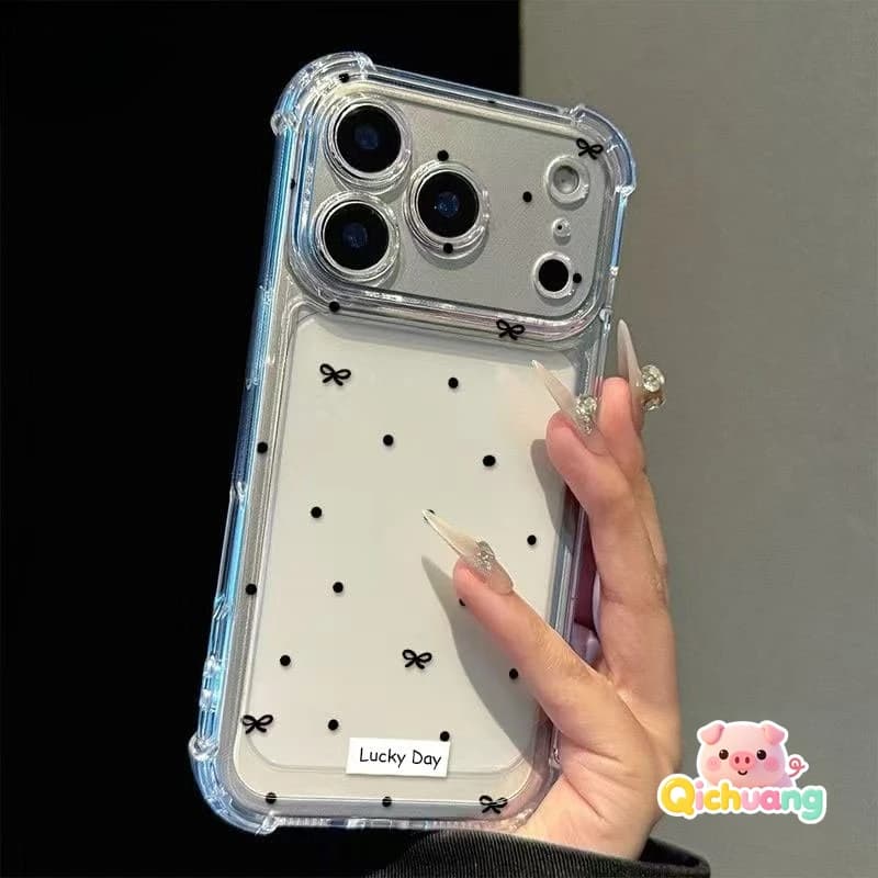Custodia Nera Trasparente Anti-Caduta con Fiocco a Pois per iPhone 17 Air 16 16e 15 14 13 12 Mini 11 Pro Max