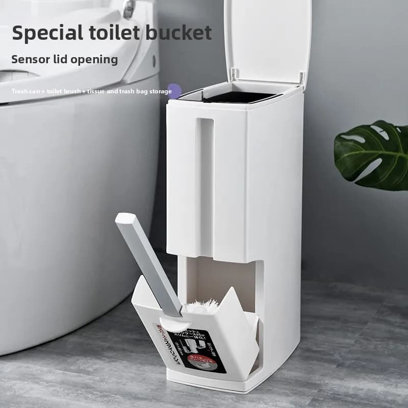 Spazzola per WC Integrata con Cestino per Rifiuti, Copertura per Spazi Stretti, Sensore Intelligente, Cestino per Rifiuti da Bagno in Plastica con Apertura a Pressione