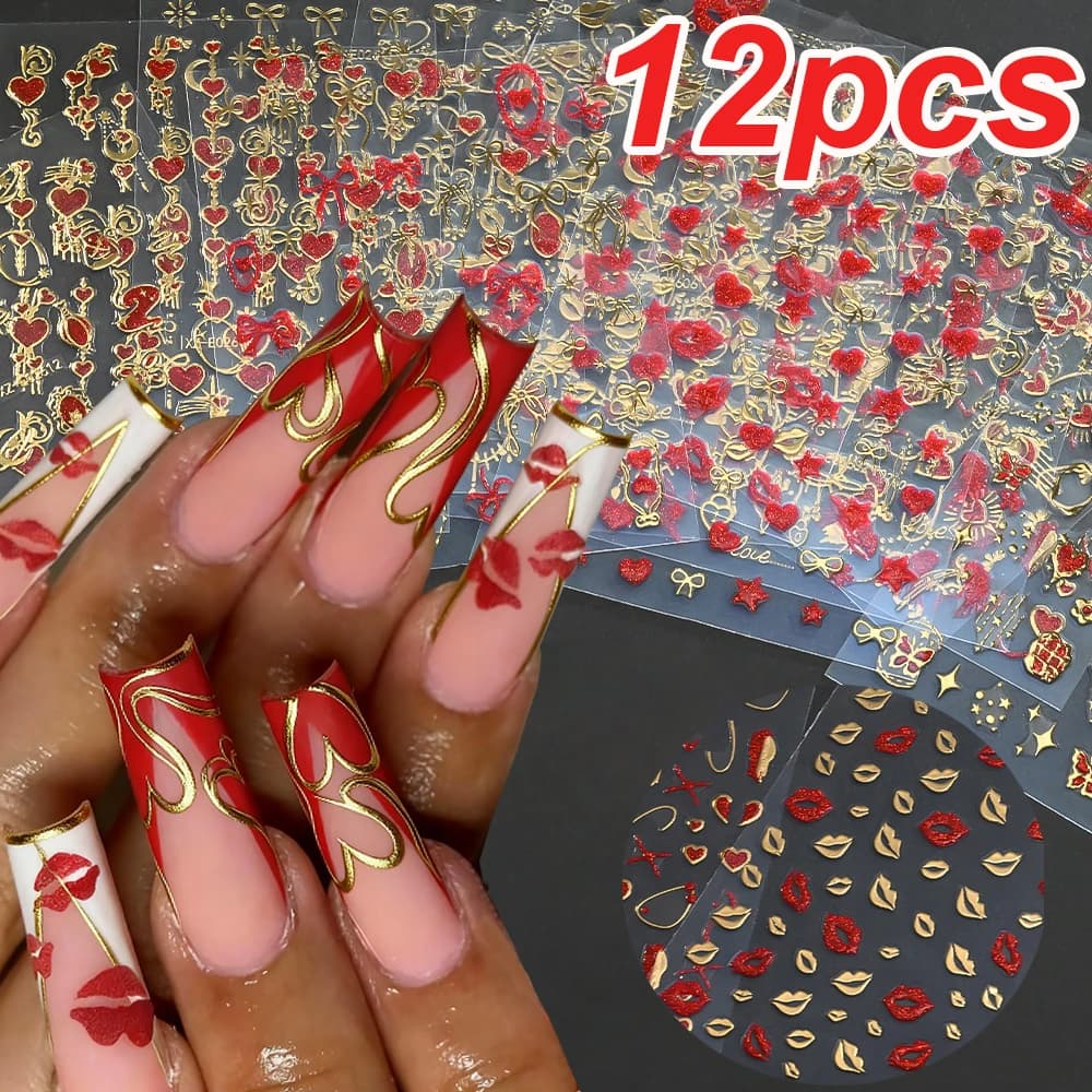 12 Pezzi Adesivi per Unghie a Cuore Rosso Bronzato, Fiocco Dorato, Cuore, Labbra Rosse con Glitter, Decorazioni per Manicure Romantica Fai-da-Te