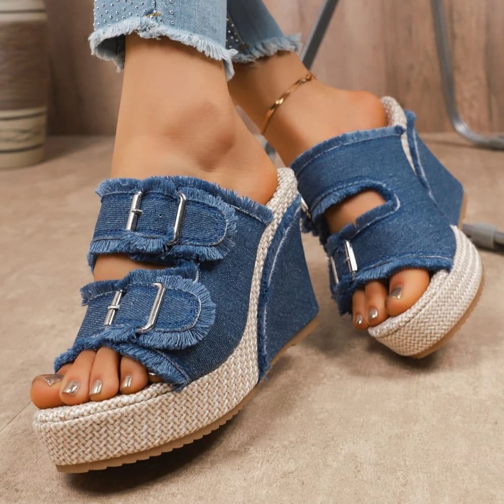 Sandali da donna con zeppa da 10 cm, plateau, in paglia intrecciata, suola spessa, in denim, ciabatte alla moda casual con doppia fibbia