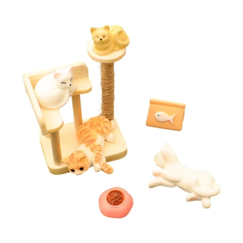 1/12 Scale Doll House Miniature Cats Figure with Scratching Post Pet Accessories