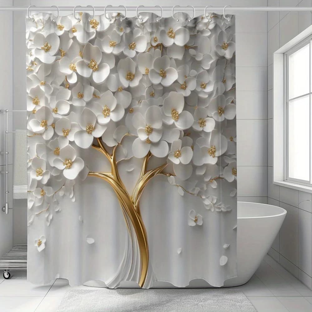3D White Gold Tree Flower Shower Curtain Waterproof Mildew Resistant Polyester Fabric with Hooks Easy Install for Bathroom Decor