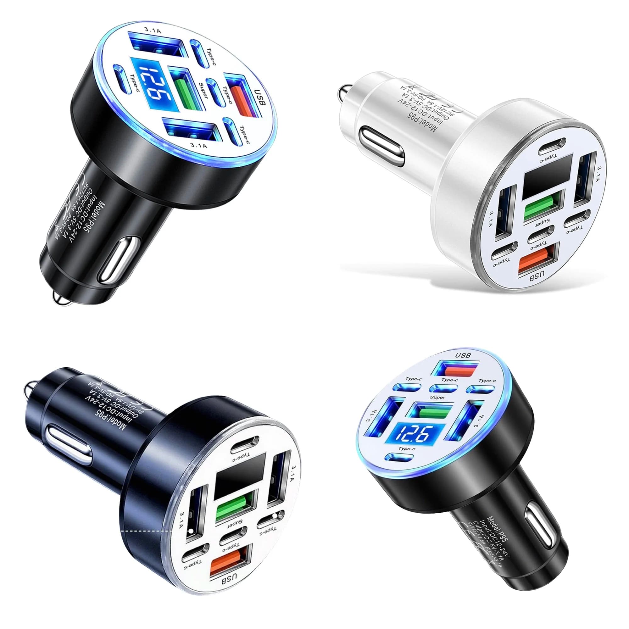 UYUXIO Caricabatterie da Auto USB C 4 PD 4 USB A con Display di Tensione, Ricarica Super Veloce Multi-Porta con Voltmetro per iPhone