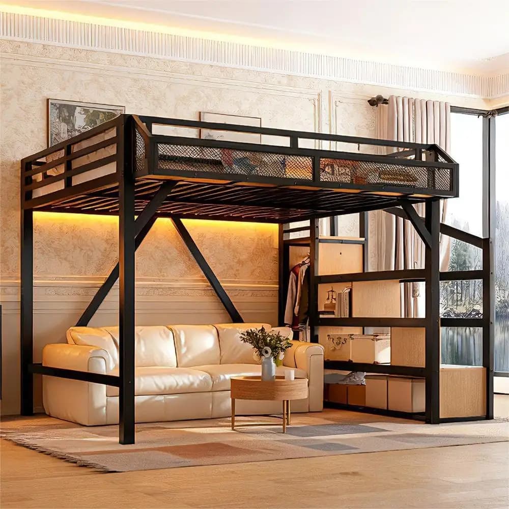 Letto a Soppalco in Metallo Misura Queen con Scale con Vano Portaoggetti, Mensola Laterale, Armadio, USB e LED, Ampio Spazio Sotto il Letto per Adulti e Adolescenti, Nero Naturale