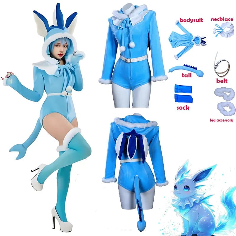 WHH Tuta intera in pelliccia sintetica con cappuccio, coda e calze, per cosplay anime, da donna, blu, per feste a tema
