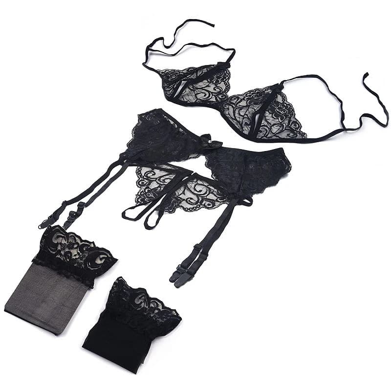1 set di lingerie in pizzo da donna, reggiseno push-up aperto, slip con giarrettiere e calze a rete trasparenti, abbigliamento intimo per donna〔HMA58〕