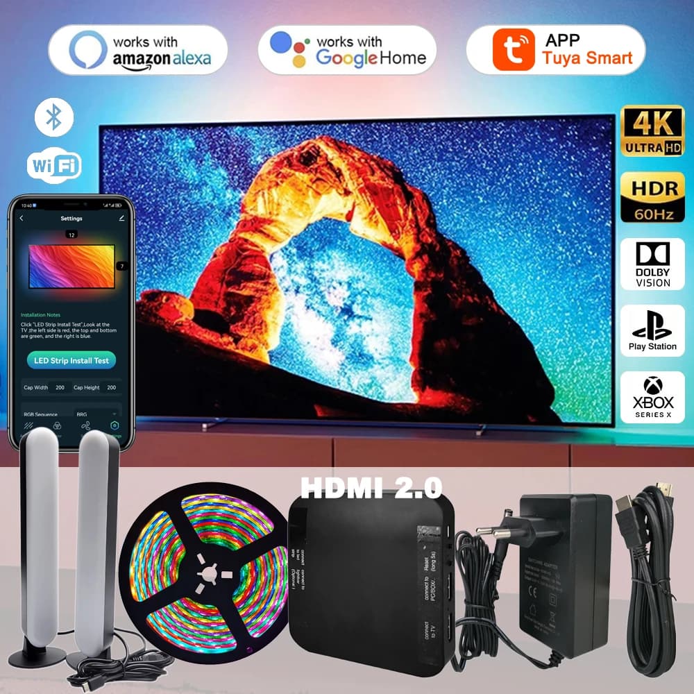Smart Ambient TV Retroilluminazione a LED HDMI 2.0 Dispositivo di sincronizzazione Box WS2811 Kit luci di striscia Supporto 4K Alexa Voice Google Assistant Control