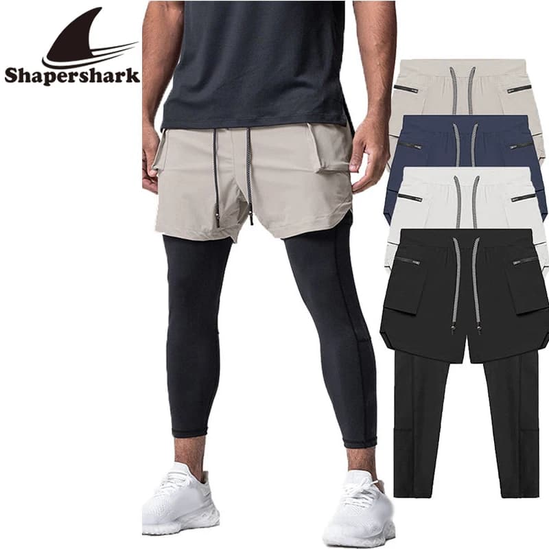 Maratona da uomo 2 in 1 Corsa Allenamento Fitness Sport Casual Tuta attillata ad asciugatura rapida Mutande sportive Tasca per cintura