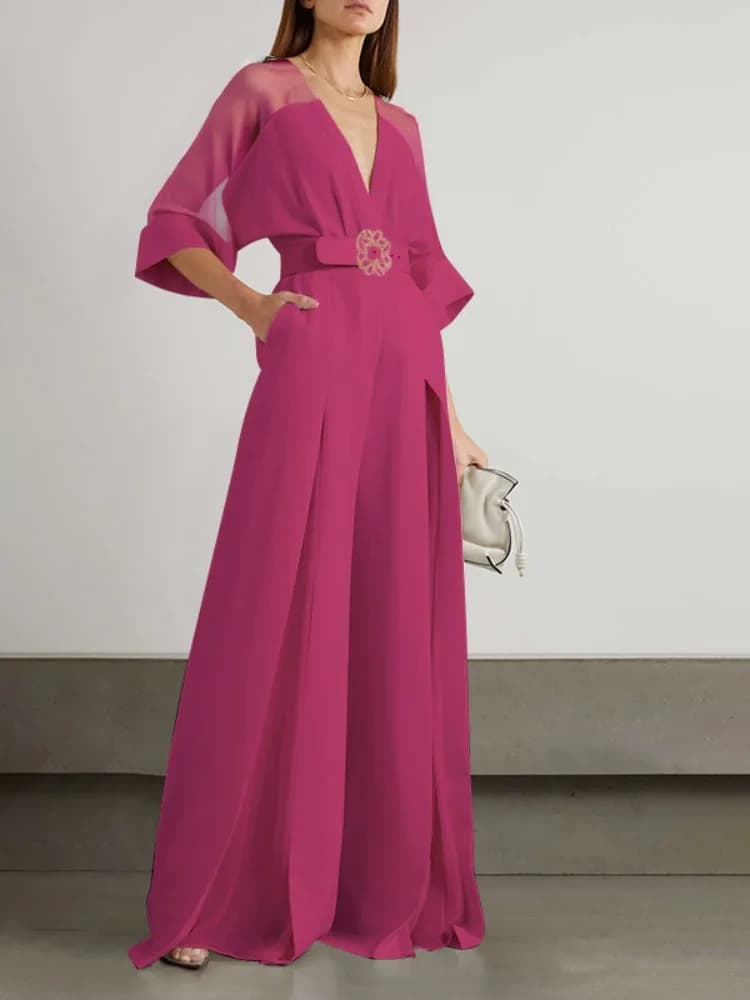 Women's elegant wide leg suit with belt, plain color, transparent sleeves, V neckline, pleated, for parties and evening events 2026