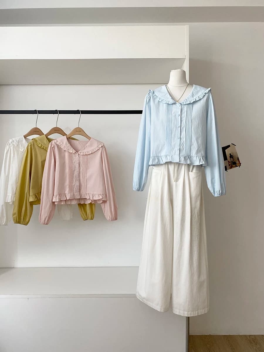 Primavera 2026 Nuova Camicia Casual Larga Stile Coreano Tinta Unita con Colletto a Bambola da Donna, Top da Lavoro in Fibra di Poliestere a Maniche Lunghe