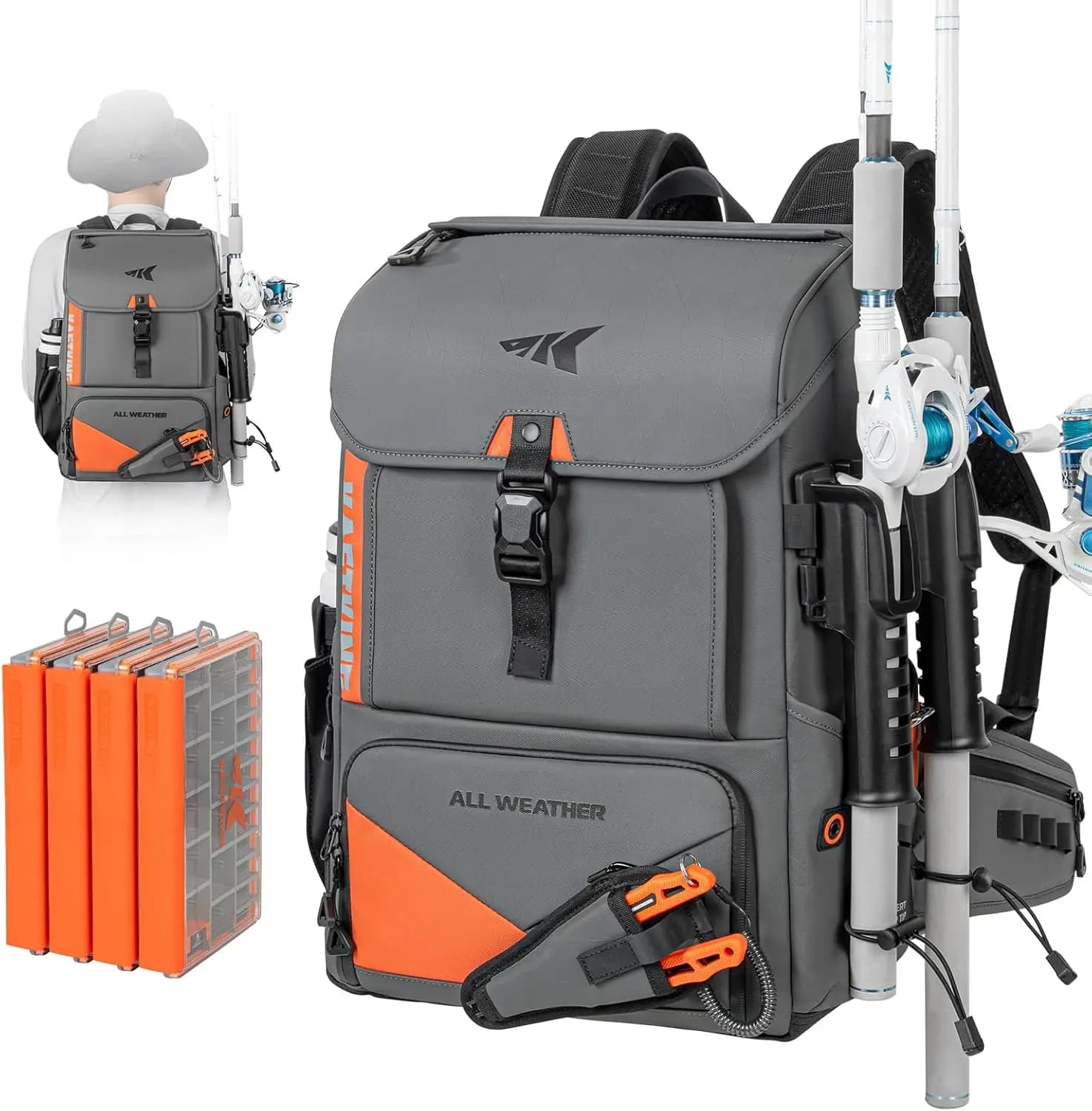 Fishing Backpack for All weather conditions with 4 Waterproof Boxes and Removable Candle Holder, Fishing Equipment Resistant
