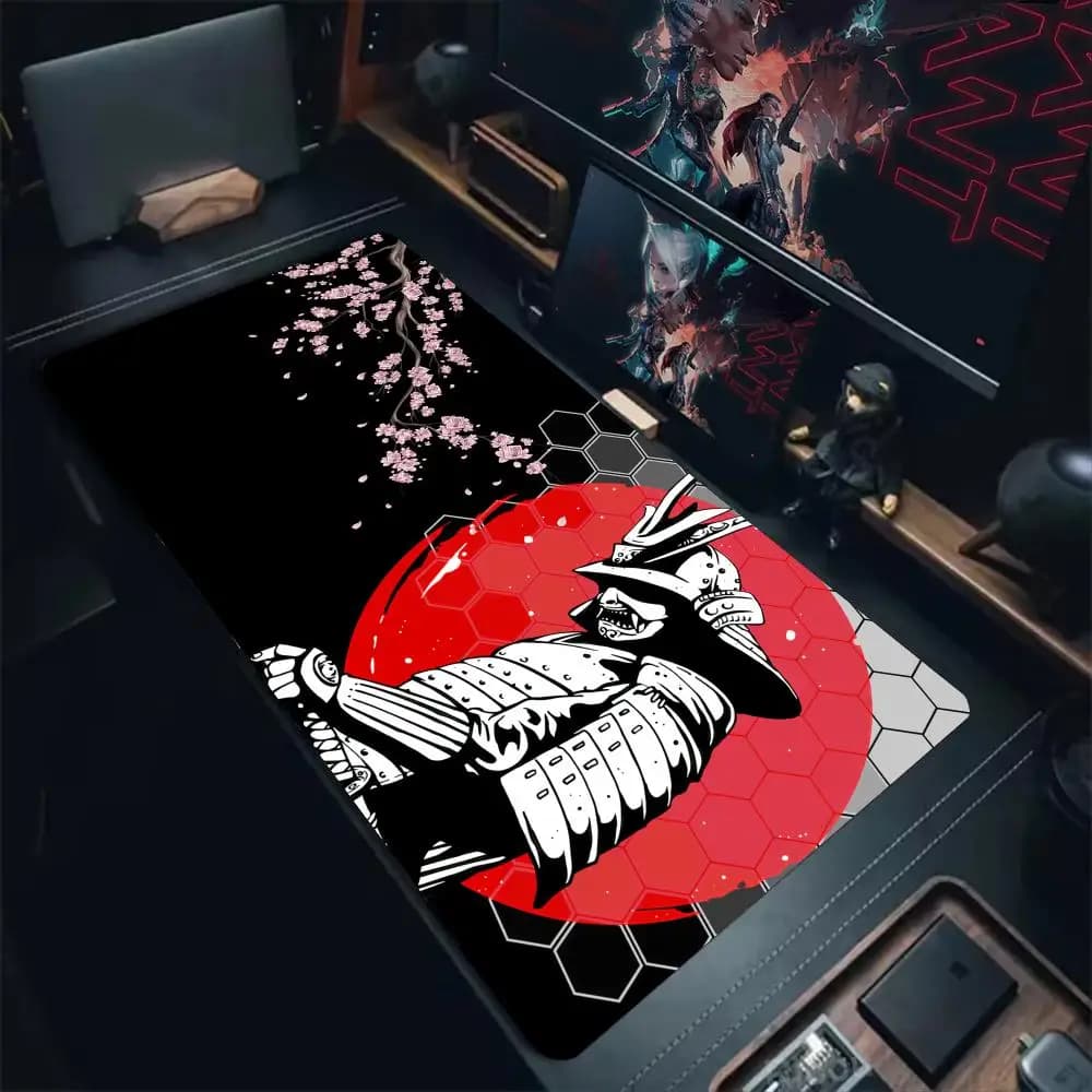 Tappetino per mouse Red Sun Warrior e Cherry Blossoms, tappetino da scrivania, tappetini da gioco con bordo cucito, tappetino per mouse per computer antiscivolo, tappetino da ufficio