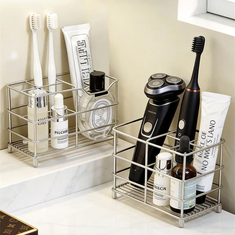 5 Slots Stainless Steel Toothbrush Holder Anti Slip Electric Toothpaste Shaver Cosmetic Storage Organizer With Drainage Design