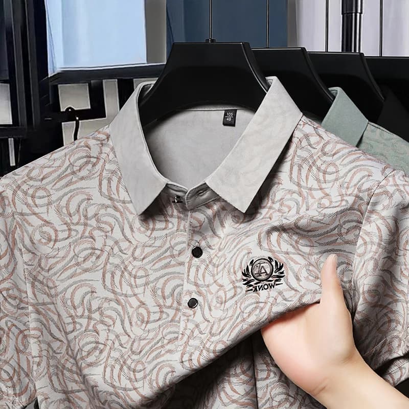 Personalized Jacquard Men‘s lapel T-shirt 2025Summer Ice silk Casual Short Sleeve Fashion Brand Letter Decal High end Polo Shirt