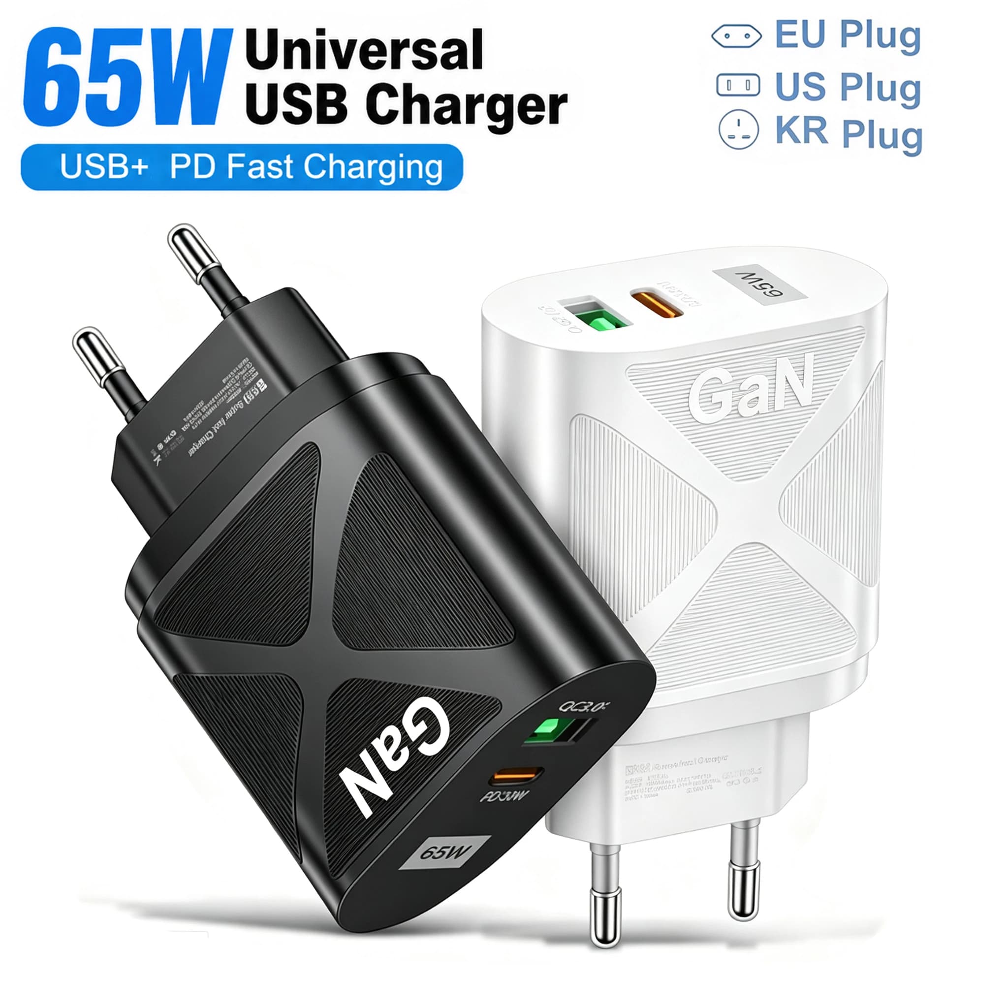 65W GaN USB Charger Fast Charging Phone Charger Adapter For iPhone 17 16 Pro Xiaomi EU/US/KR/UK Plug QC 3.0 Type C Wall Charger