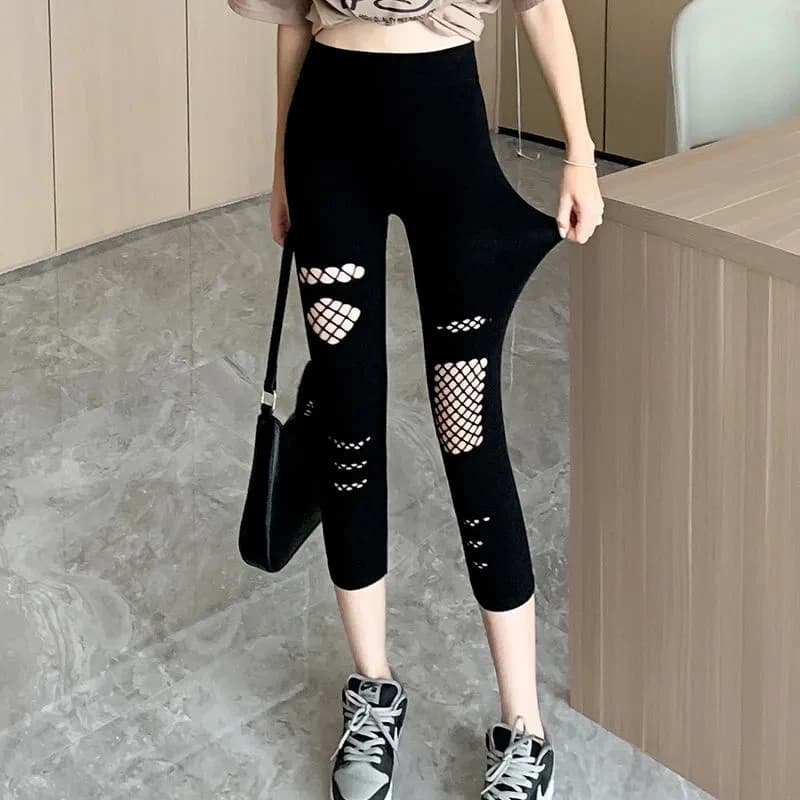 Leggings sportivi da donna in modal con cut-out, push-up, a vita alta, senza cuciture, con inserti in rete, stile goth sexy.