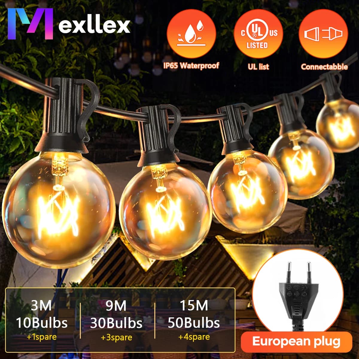 15M/50Ft G40 tungsteno Patio Outdoor Garland String Lights, 220V lampada a sospensione collegabile per cortile portico balcone Party Decor