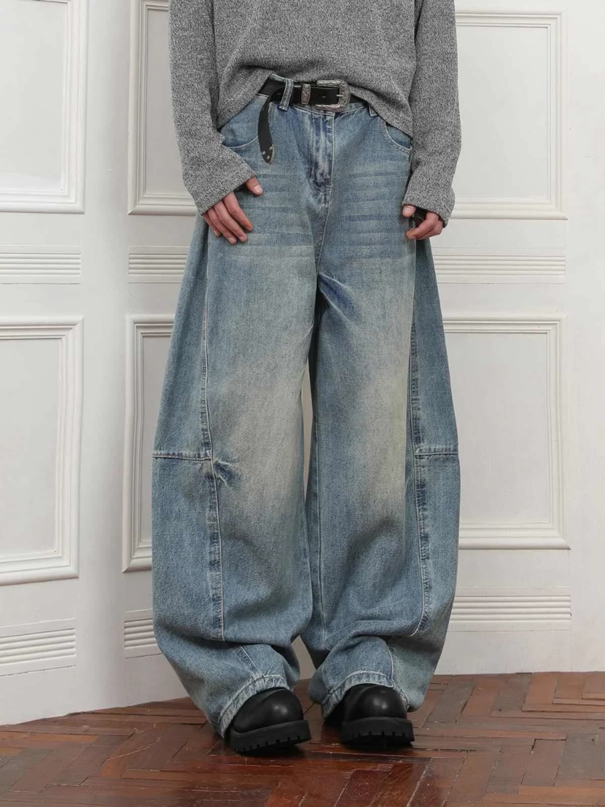American High Street Deconstructed Patchwork Blue Jeans Men's Loose Straight Wide Leg Floor-Length Trousers Casual Jeans